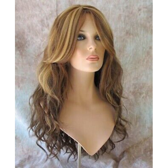 GABBY | Medium Brown Mix Long Wig Barrel Curls Skin Part HEAT OK Wigs