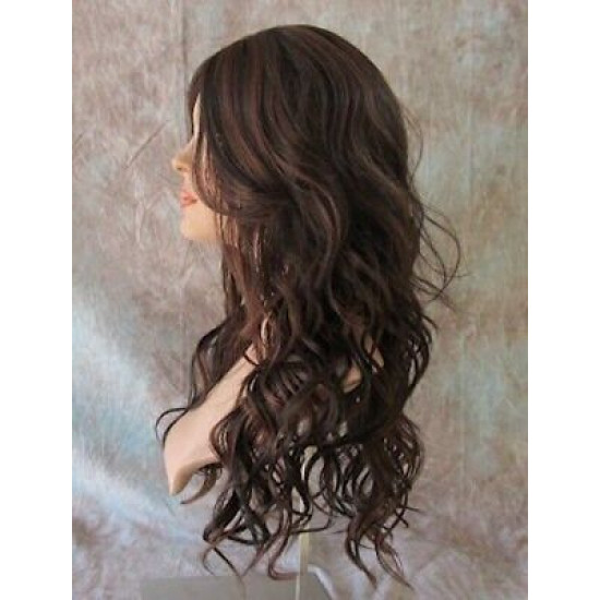 GABBY | Dark Brown Auburn Mix Long Wig Barrel Curls Skin Part HEAT OK Wigs