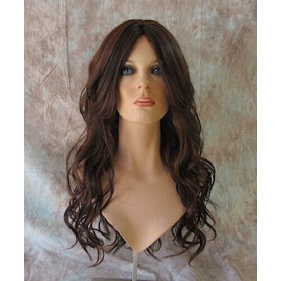 GABBY | Dark Brown Auburn Mix Long Wig Barrel Curls Skin Part HEAT OK Wigs