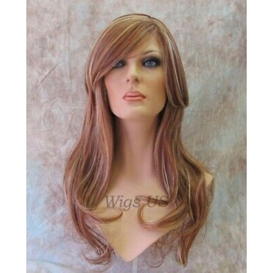 Delilah | Auburn Blonde Mix Long Wig Wavy Side Swept Bangs Skin Crown | Adora
