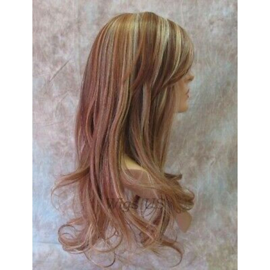 Delilah | Auburn Blonde Mix Long Wig Wavy Side Swept Bangs Skin Crown | Adora