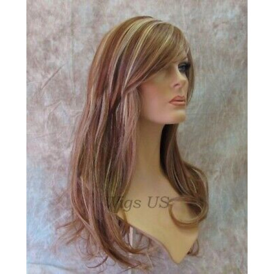 Delilah | Auburn Blonde Mix Long Wig Wavy Side Swept Bangs Skin Crown | Adora