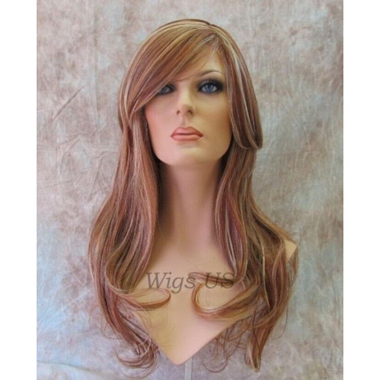 Delilah | Auburn Blonde Mix Long Wig Wavy Side Swept Bangs Skin Crown | Adora