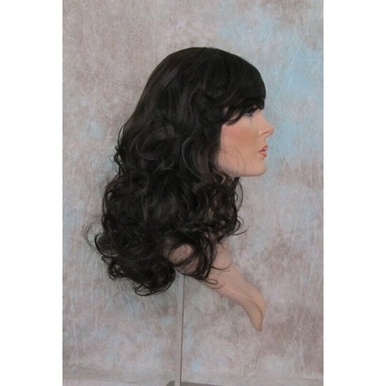 DANIELLE | Dark Brown Long Wig Below Shoulder HEAT OK Curls Full Bangs 