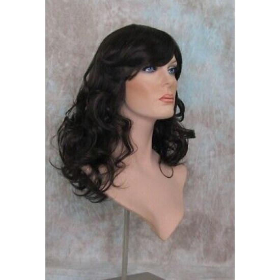 DANIELLE | Dark Brown Long Wig Below Shoulder HEAT OK Curls Full Bangs 