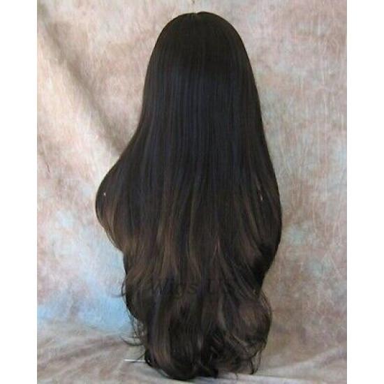 DORY | Dark Brown Long Wig Layers Center Skin Part Bangs 26" 