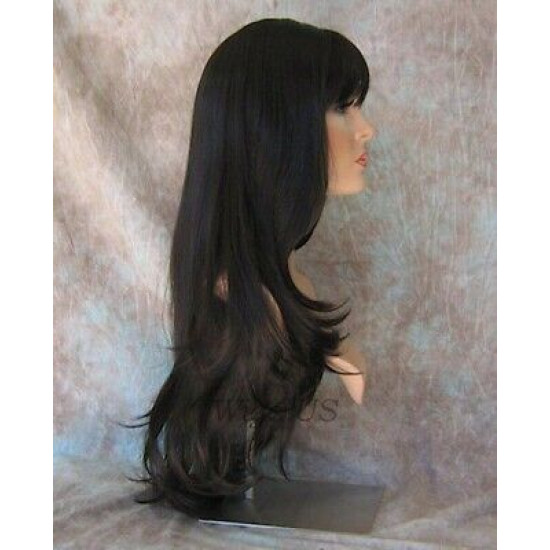 DORY | Dark Brown Long Wig Layers Center Skin Part Bangs 26" 