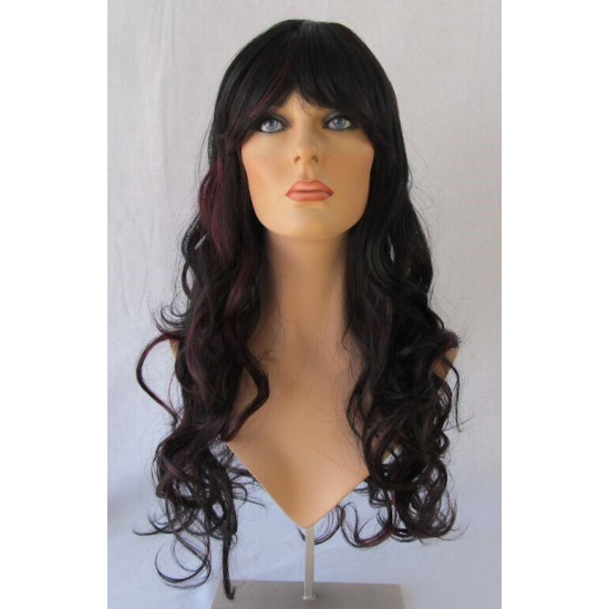 VEGAS | Black Burgundy Mix Long Wig Bangs Long Curls HEAT OK 