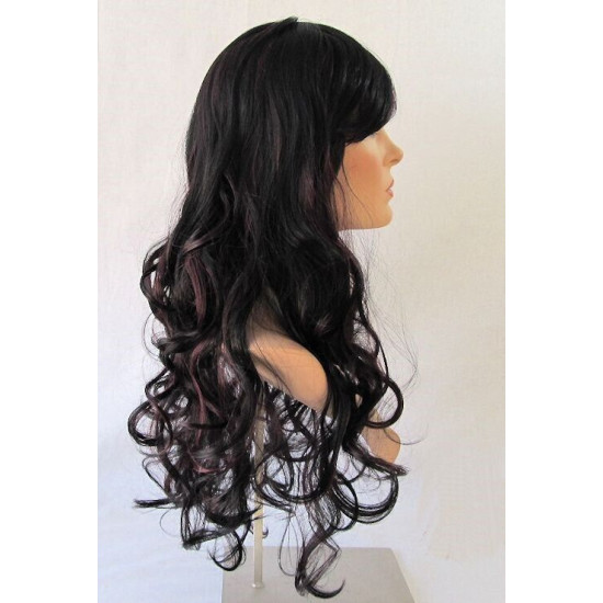 VEGAS | Black Burgundy Mix Long Wig Bangs Long Curls HEAT OK 
