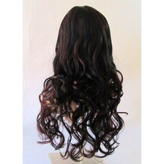 VEGAS | Black Burgundy Mix Long Wig Bangs Long Curls HEAT OK 