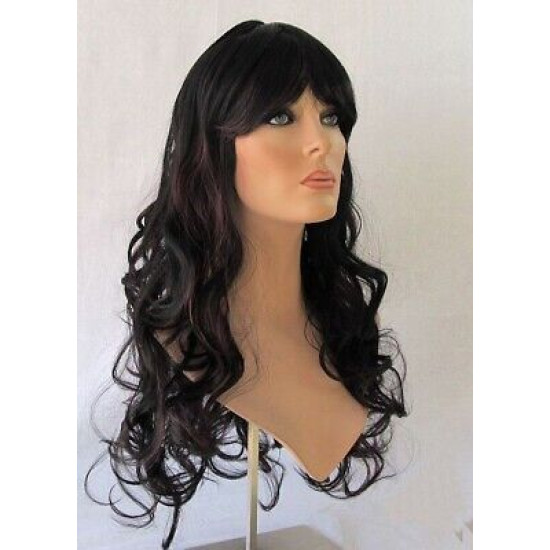 VEGAS | Black Burgundy Mix Long Wig Bangs Long Curls HEAT OK 