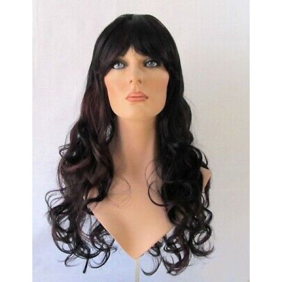 VEGAS | Black Burgundy Mix Long Wig Bangs Long Curls HEAT OK 