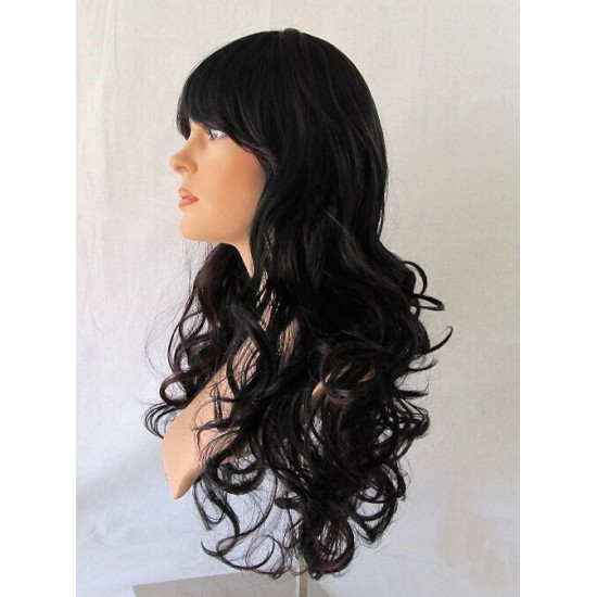 VEGAS | Black Burgundy Mix Long Wig Bangs Long Curls HEAT OK 