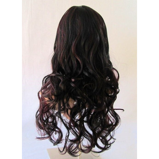 VEGAS | Black Burgundy Mix Long Wig Bangs Long Curls HEAT OK 