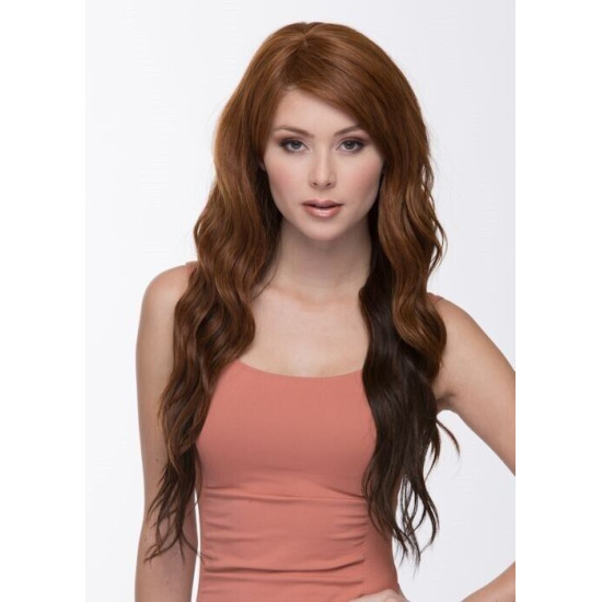 HS LULU | Auburn Mix Long Wig Loose Waves Slant Bang HEAT OK Sepia 