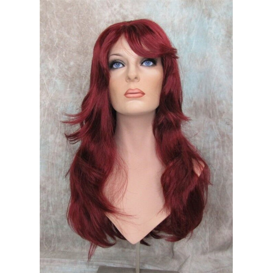 LINDA B | Burgundy Long Wig Layers Bangs Skin Part Gentle Waves 
