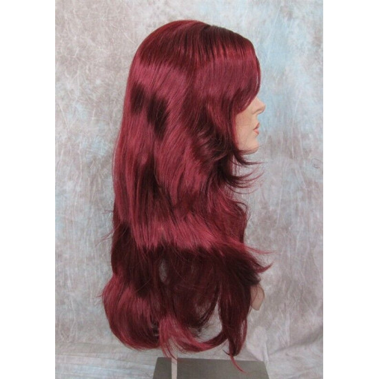 LINDA B | Burgundy Long Wig Layers Bangs Skin Part Gentle Waves 