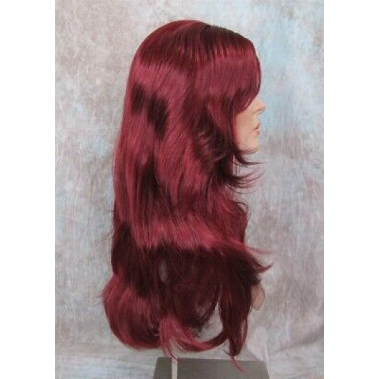 LINDA B | Burgundy Long Wig Layers Bangs Skin Part Gentle Waves 