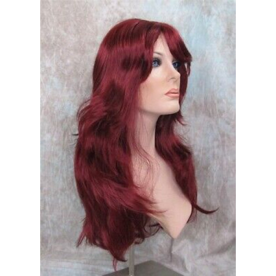 LINDA B | Burgundy Long Wig Layers Bangs Skin Part Gentle Waves 