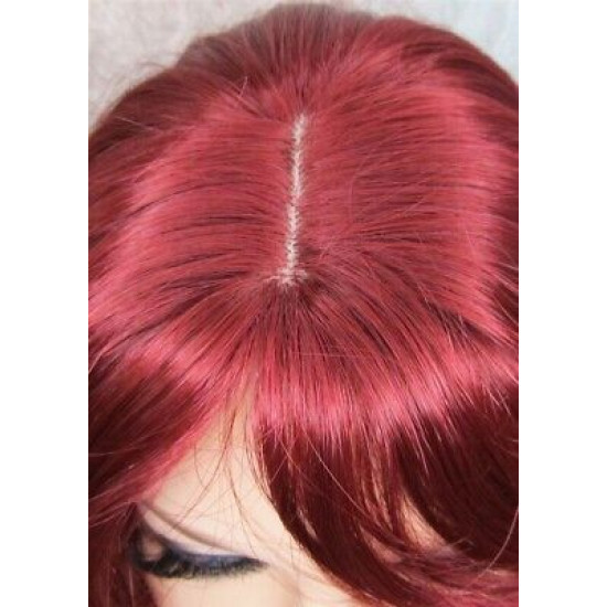 LINDA B | Burgundy Long Wig Layers Bangs Skin Part Gentle Waves 