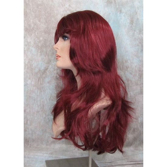 LINDA B | Burgundy Long Wig Layers Bangs Skin Part Gentle Waves 