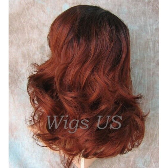 SHANIA | Sangria Dark Root Long Soft Waves Wig Bangs Side Part 
