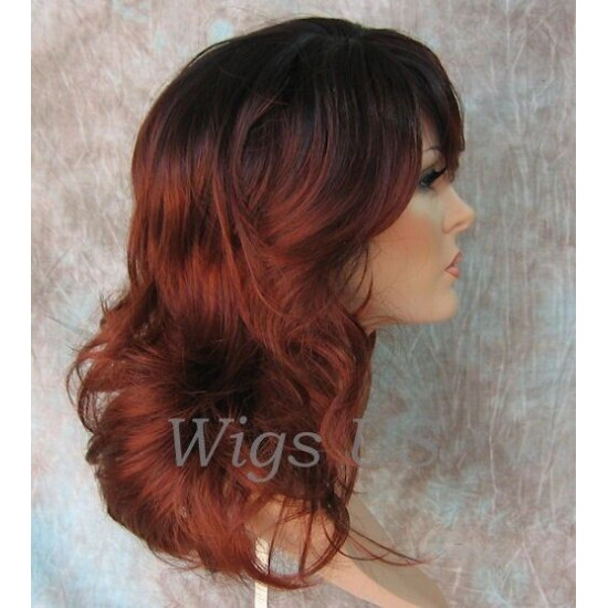 SHANIA | Sangria Dark Root Long Soft Waves Wig Bangs Side Part 