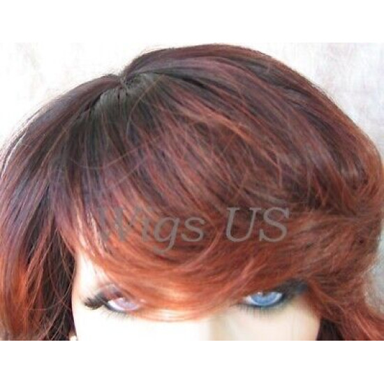 SHANIA | Sangria Dark Root Long Soft Waves Wig Bangs Side Part 
