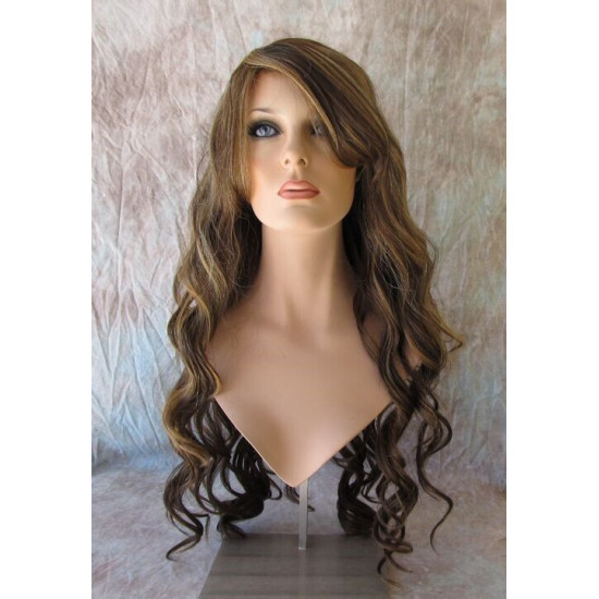 HS KEY WEST | Medium Brown Mix Wide Curls Side Part Bangs Long Wig HEAT OK 