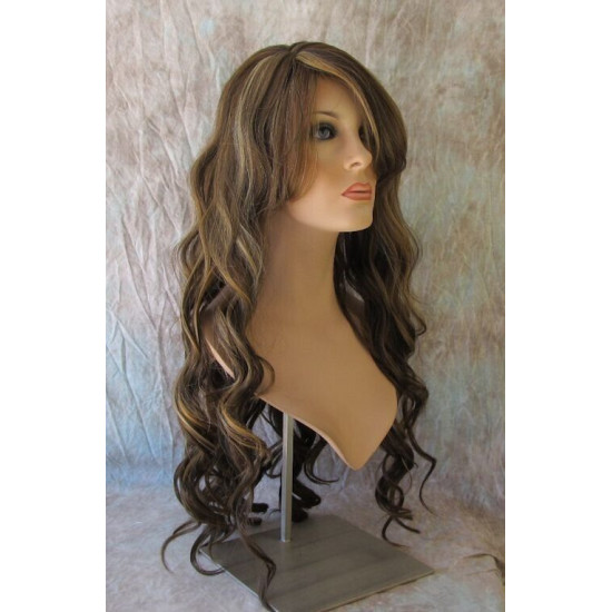 HS KEY WEST | Medium Brown Mix Wide Curls Side Part Bangs Long Wig HEAT OK 
