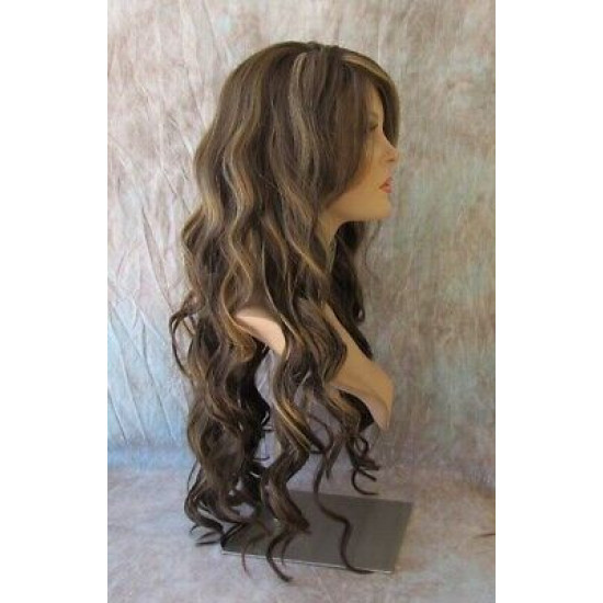 HS KEY WEST | Medium Brown Mix Wide Curls Side Part Bangs Long Wig HEAT OK 
