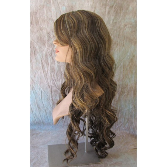 HS KEY WEST | Medium Brown Mix Wide Curls Side Part Bangs Long Wig HEAT OK 