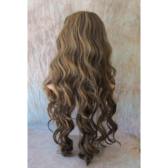 HS KEY WEST | Medium Brown Mix Wide Curls Side Part Bangs Long Wig HEAT OK 