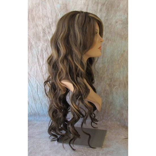 HS KEY WEST | Medium Brown Mix Wide Curls Side Part Bangs Long Wig HEAT OK 