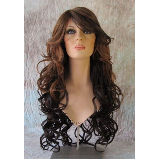 HS SOPRANO | Dark Brown Long Wig HEAT OK Curls Skin Part Side Bangs Chestnut 
