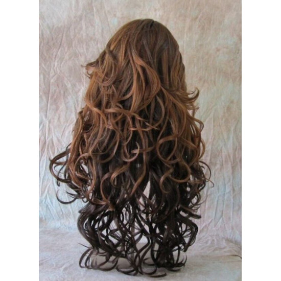 HS SOPRANO | Dark Brown Long Wig HEAT OK Curls Skin Part Side Bangs Chestnut 