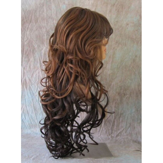 HS SOPRANO | Dark Brown Long Wig HEAT OK Curls Skin Part Side Bangs Chestnut 
