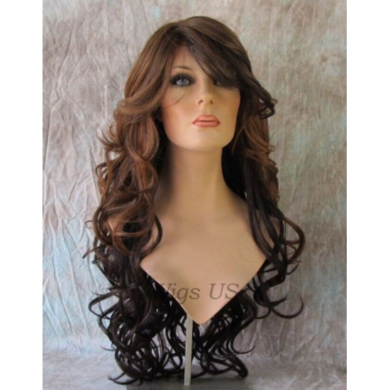 HS SOPRANO | Dark Brown Long Wig HEAT OK Curls Skin Part Side Bangs Chestnut 