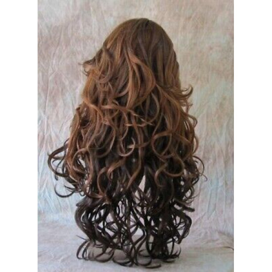 HS SOPRANO | Dark Brown Long Wig HEAT OK Curls Skin Part Side Bangs Chestnut 