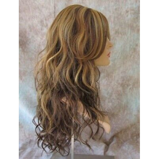 GABBY | Medium Brown Mix Long Wig Barrel Curls Skin Part HEAT OK Wigs