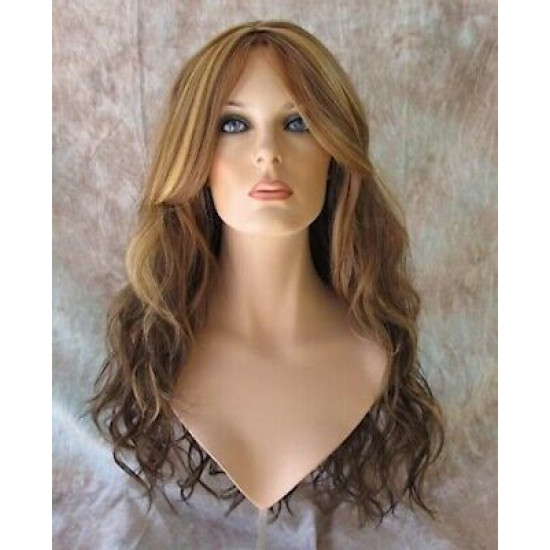 GABBY | Medium Brown Mix Long Wig Barrel Curls Skin Part HEAT OK Wigs