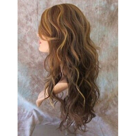 GABBY | Medium Brown Mix Long Wig Barrel Curls Skin Part HEAT OK Wigs