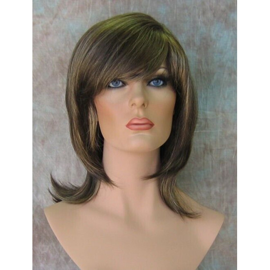 KENDALL | Brown Blonde Highlights Medium Wig Layers Shag Bangs Simulated Part 