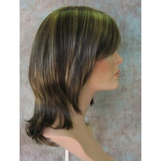 KENDALL | Brown Blonde Highlights Medium Wig Layers Shag Bangs Simulated Part 