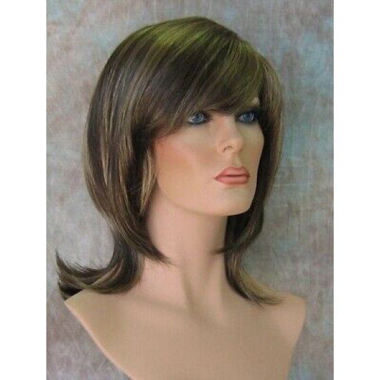 KENDALL | Brown Blonde Highlights Medium Wig Layers Shag Bangs Simulated Part 