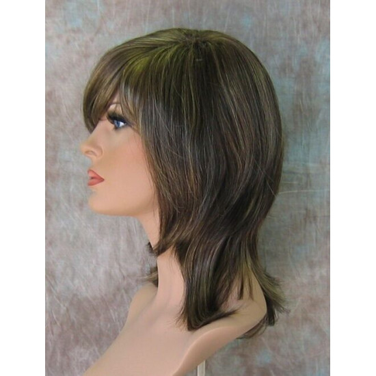 KENDALL | Brown Blonde Highlights Medium Wig Layers Shag Bangs Simulated Part 