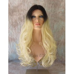 HS ALORA | Dark Root Light Blonde Long Wig HEAT OK Gentle Curls Skin Part 