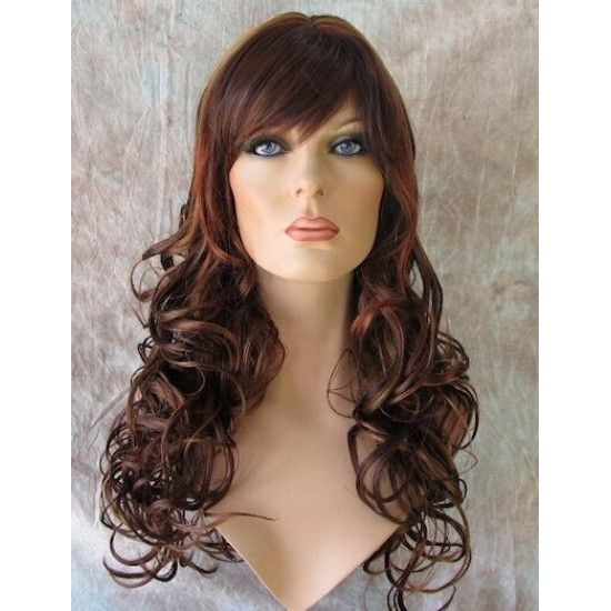CARLOTTA | Auburn Strawberry Copper Mix Long Wig Soft Curls Center Part Bangs 