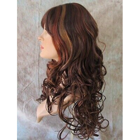 CARLOTTA | Auburn Strawberry Copper Mix Long Wig Soft Curls Center Part Bangs 