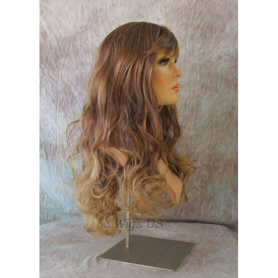 ANDREA | Auburn Blonde Mix Long Wig Long Gentle Curls Skin Part Bangs 24" 